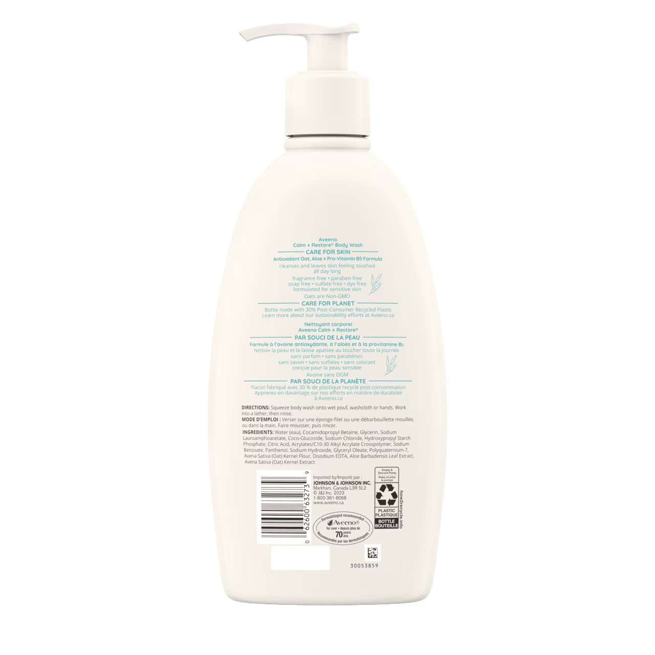 Arrière du flacon-pompe de nettoyant corporel AVEENO® Calm + Restore