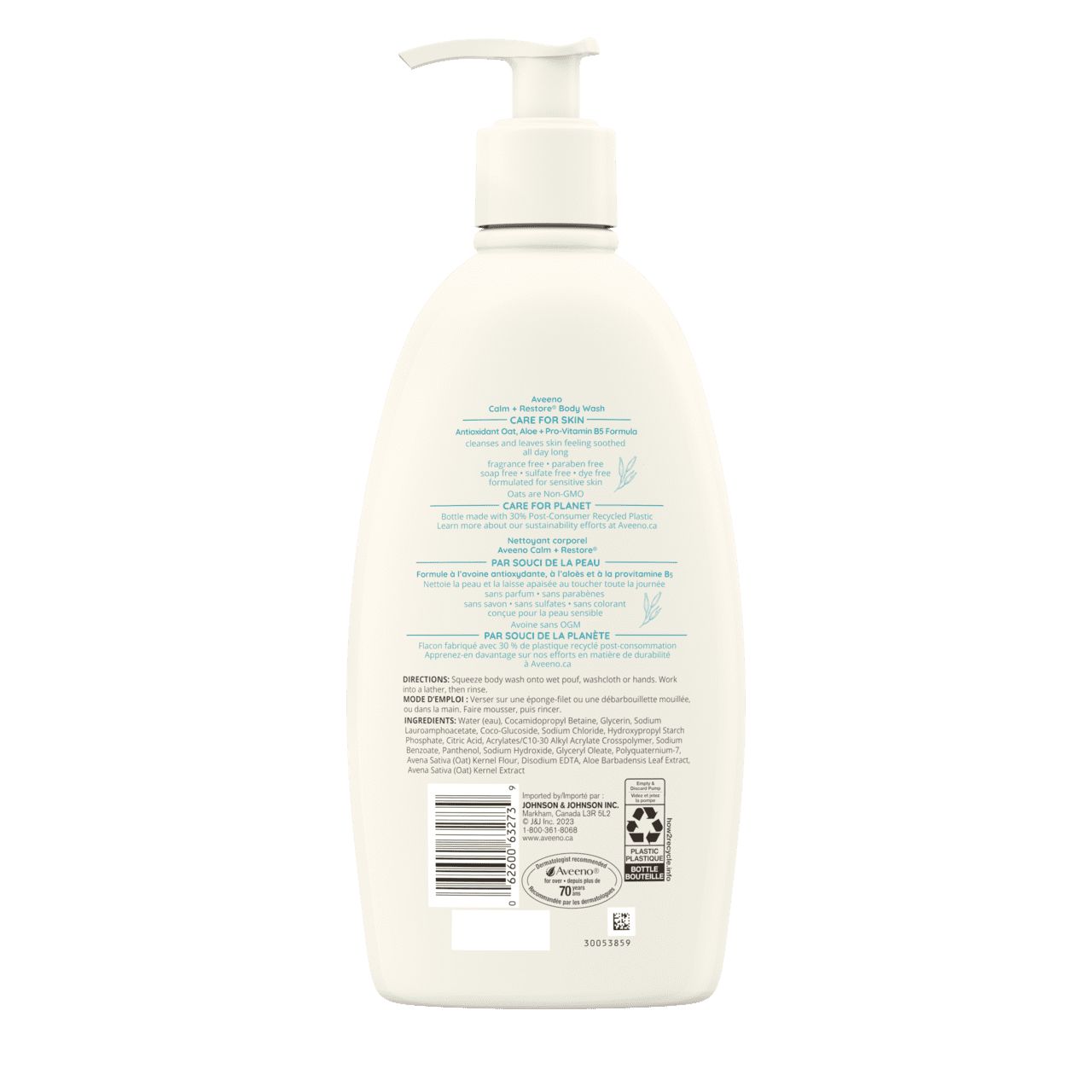 AVEENO® Calm + Restore Body Wash, pump bottle, back label.
