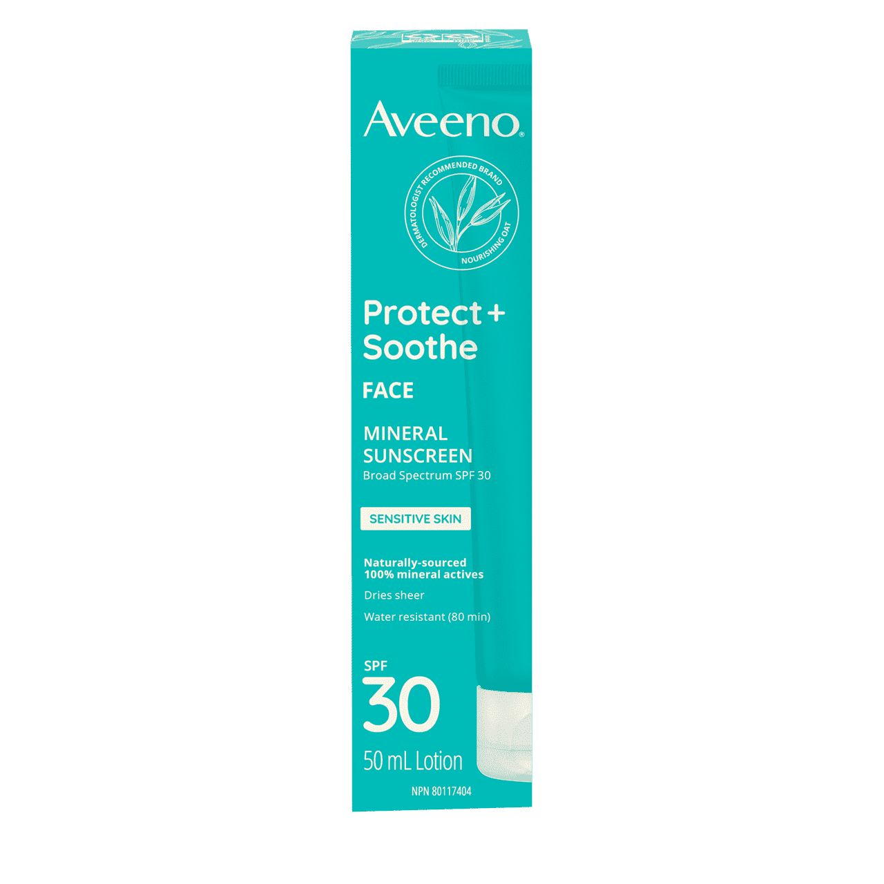 Packaging of AVEENO® Protect + Soothe Face Mineral Sunscreen for Sensitive Skin with SPF 30, 50 mL