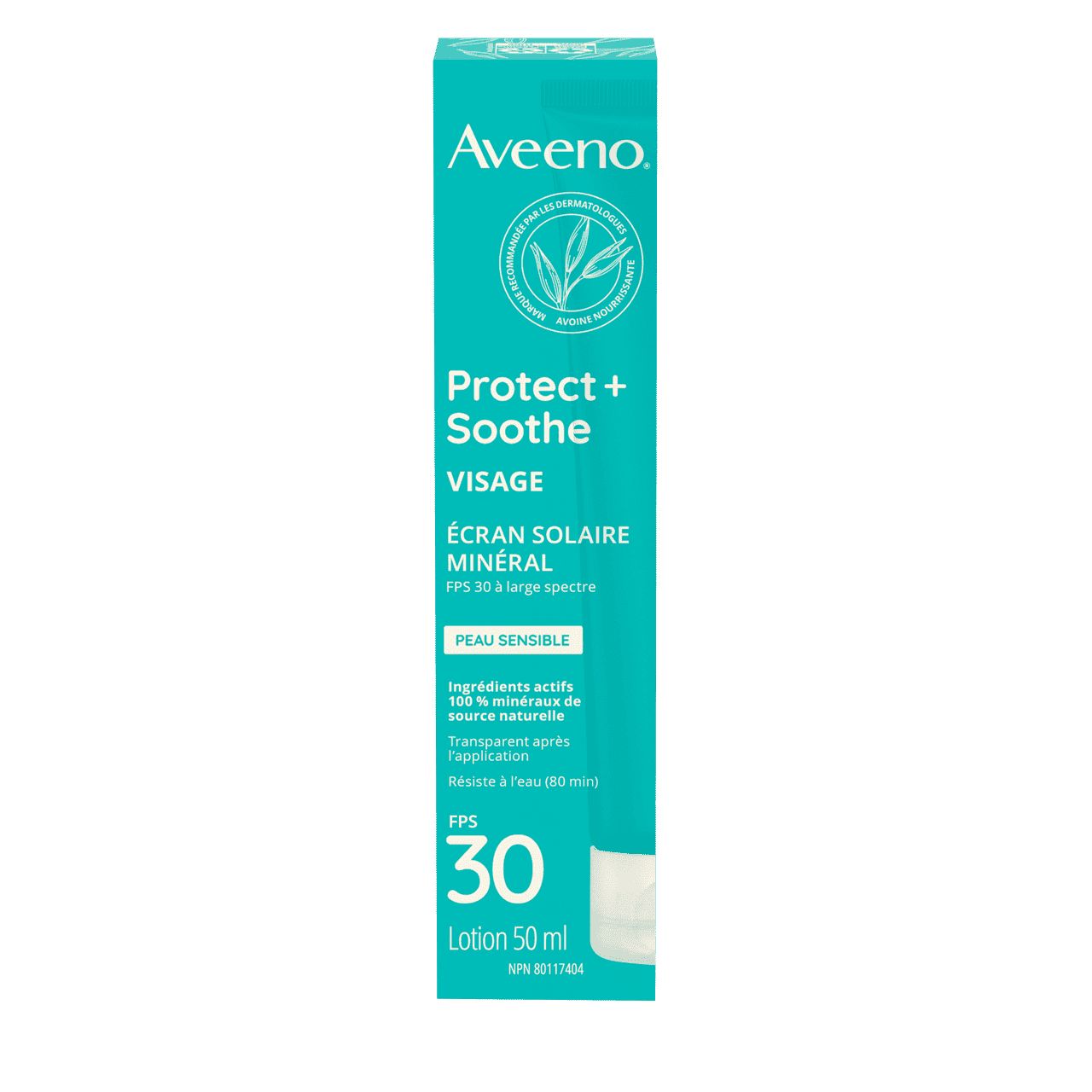 Emballage de 50 ml de l’écran solaire minéral AVEENO® Protect + Soothe Visage pour peau sensible, avec FPS 30