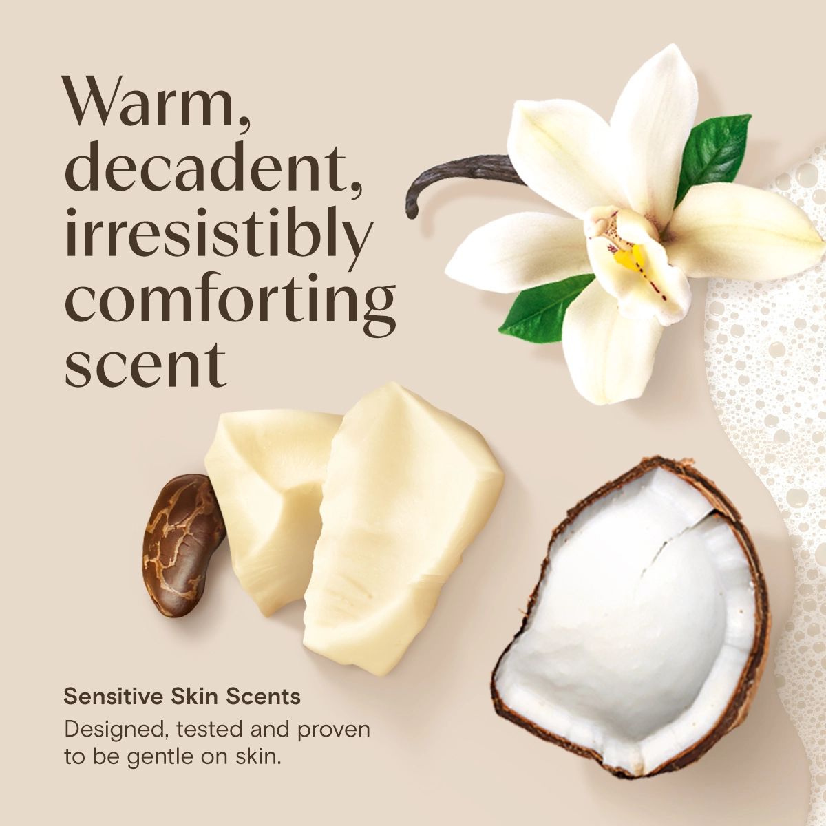 Aveeno® DM Cocoa Butter Vanilla Body Wash, warm, decadent, irresistibly comforting scent
