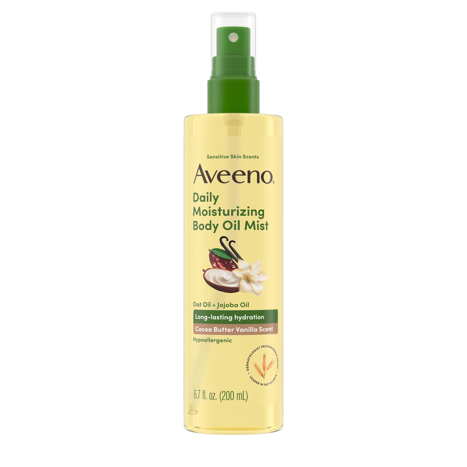 Front pack shot of Aveeno® Daily Moisturizing Body Oil Mist, Cocoa Butter Vanilla Scent 6.7oz