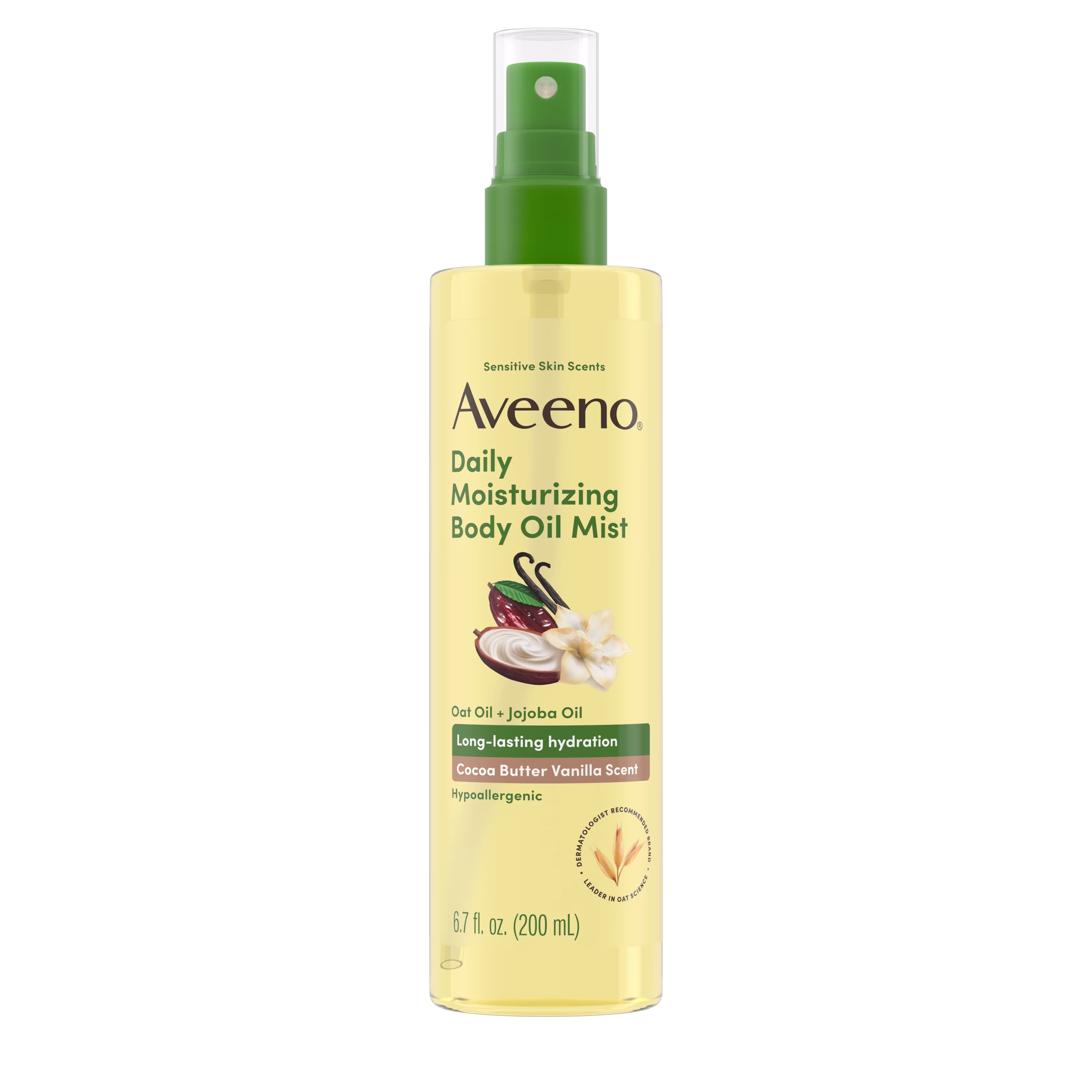 Front pack shot of Aveeno® Daily Moisturizing Body Oil Mist, Cocoa Butter Vanilla Scent 6.7oz