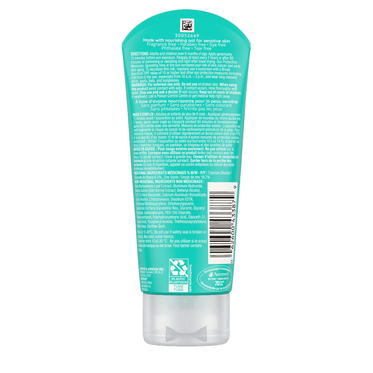 Arrière du tube de l’écran solaire minéral AVEENO® Protect + Soothe pour peau sensible, avec FPS 30