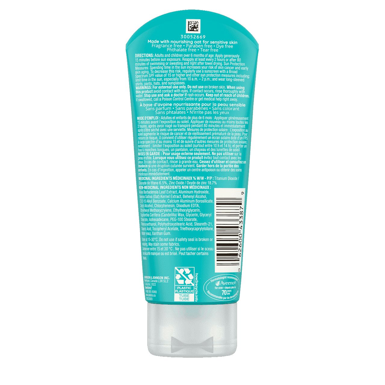 Arrière du tube de l’écran solaire minéral AVEENO® Protect + Soothe pour peau sensible, avec FPS 30