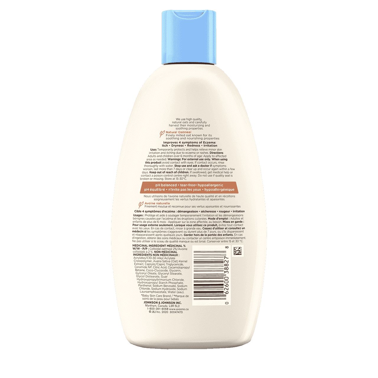 236ml bottle of Aveeno  Baby Eczema Care Wash, back label
