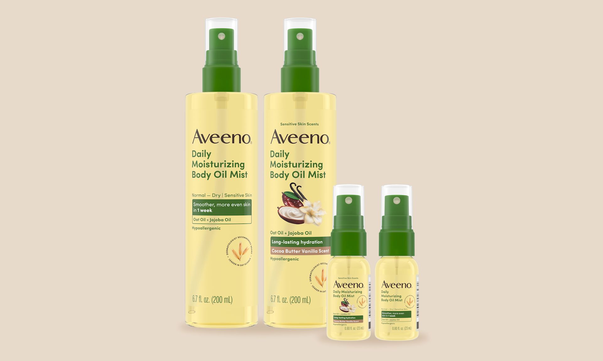 Aveeno® Body Oils banner image featuring Daily Moisturizing oil mist and cocoa butter vanilla scent