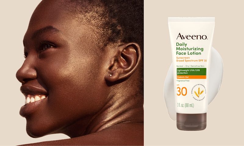 Banner Image Highlighting a woman with a radiant smile and Aveeno® Daily Moisturizing Face Lotion SPF 30 bottle