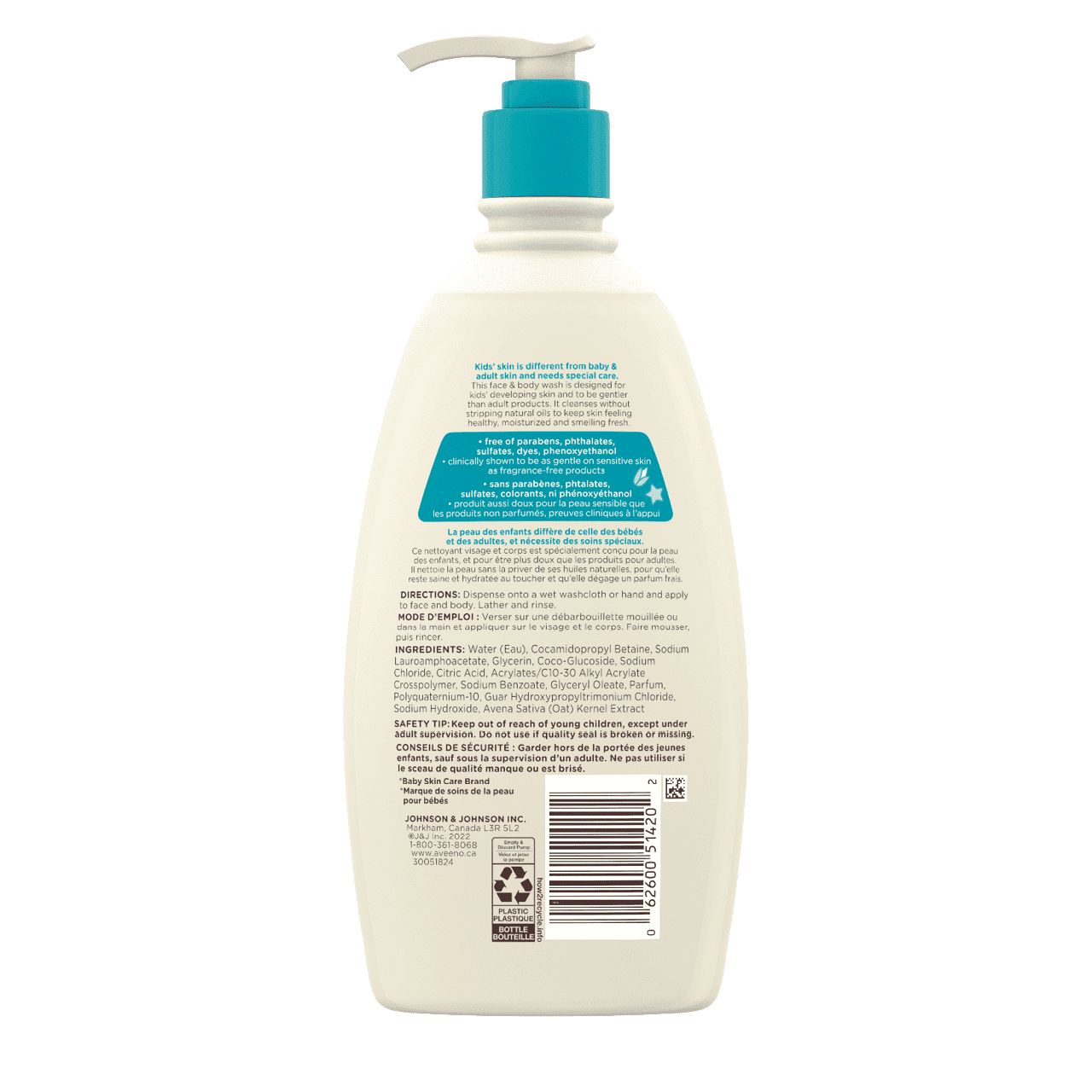 Bouteille de nettoyant visage et corps Aveeno Kids peau sensible, 532 ml, étiquette arrière