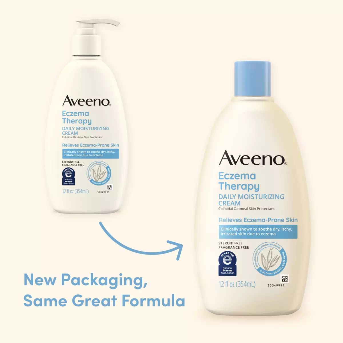 Image showing the old and new packaging of Aveeno® Eczema Therapy Moisturizing Cream