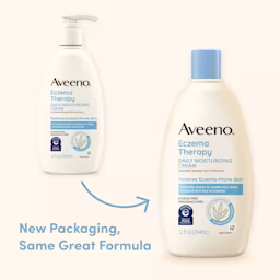 Image showing the old and new packaging of Aveeno® Eczema Therapy Moisturizing Cream