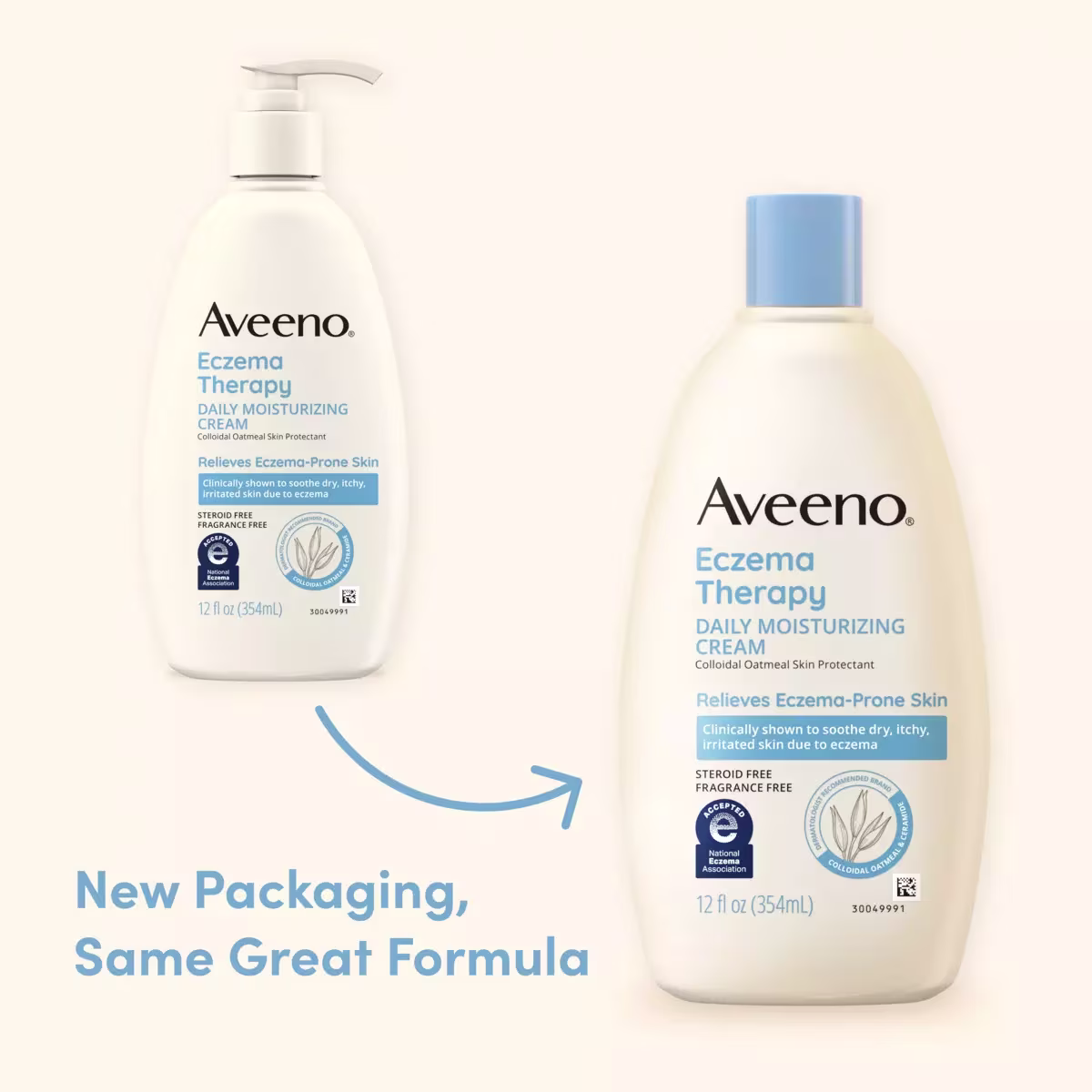 Image showing the old and new packaging of Aveeno® Eczema Therapy Moisturizing Cream