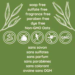Text explaining that the product is free of soap, sulfate, fragrance, paraben, dye and non-GMO.