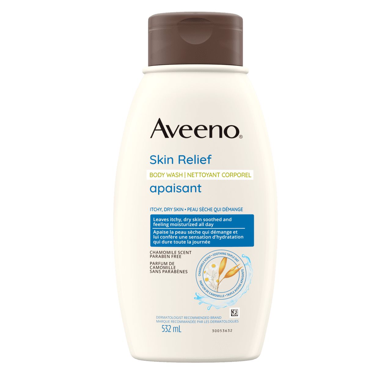 Panneau avant du flacon du gel nettoyant apaisant AVEENO® au doux parfum de camomille