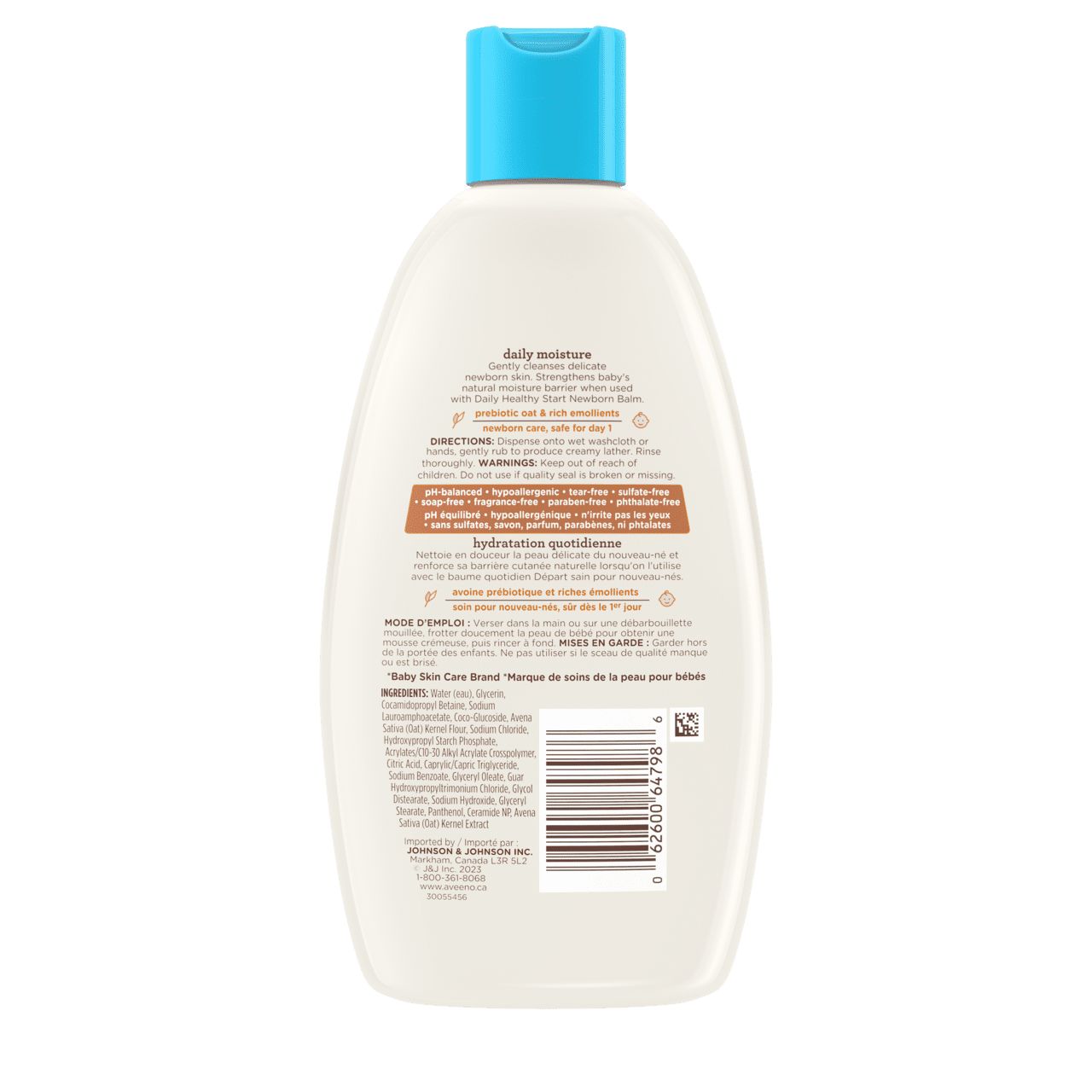 Arrière du flacon de 236 ml du nettoyant quotidien Départ sain pour nouveau-nés AVEENO® Bébés