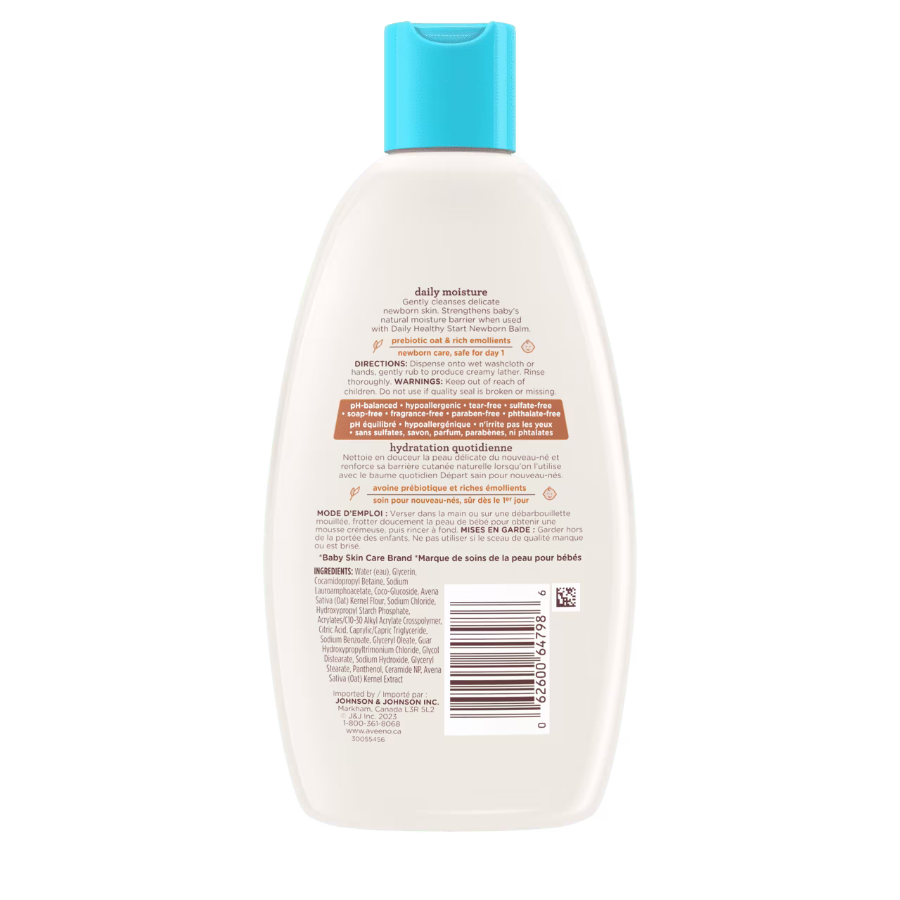AVE NA CA 62600647986 100064798 DailyHealthyStartNewbornWash 236ml 00180 Back shot of AVEENO® Baby Daily Healthy Start Newborn Wash, 236 mL