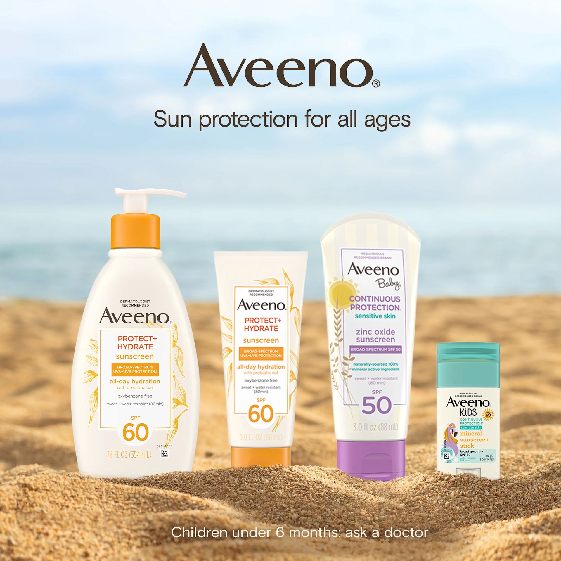  Aveeno® Sun protection for all ages, adult, baby and kids sun protection products line