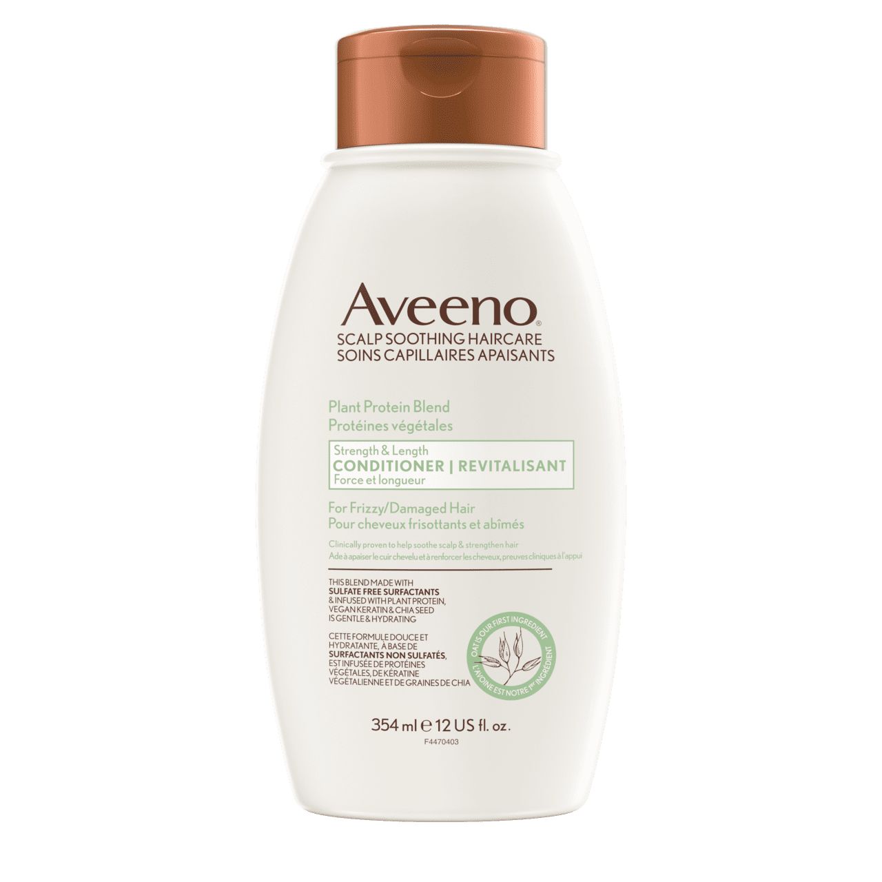 The front shot of AVEENO® Plant Protein Blend Strength & Length Hair Conditioner, squeeze bottle, 354 mL