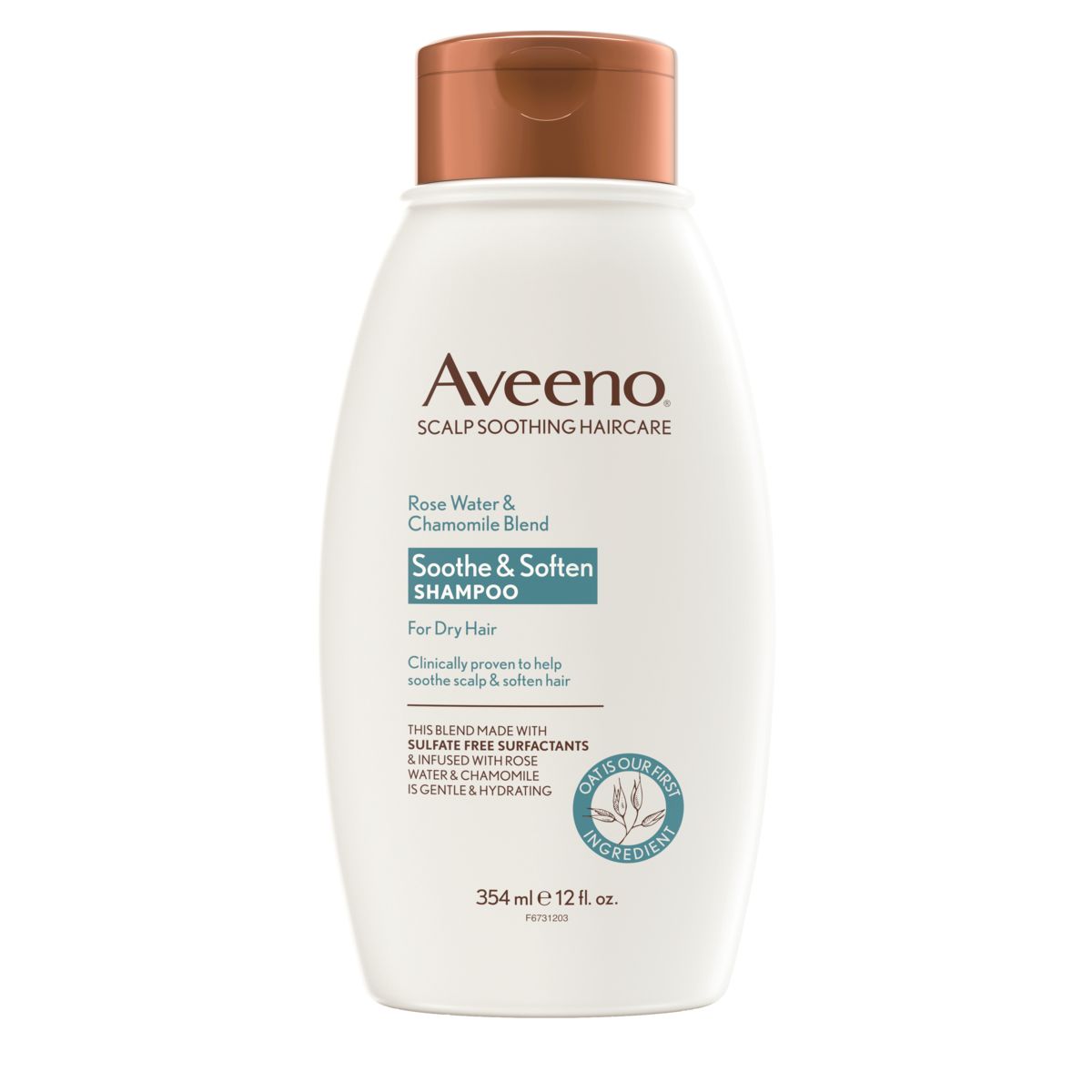 Pack shot of Aveeno® Rosewater & Chamomile Blend Soothe and Soften Shampoo for Dry Hair, 12 fl oz
