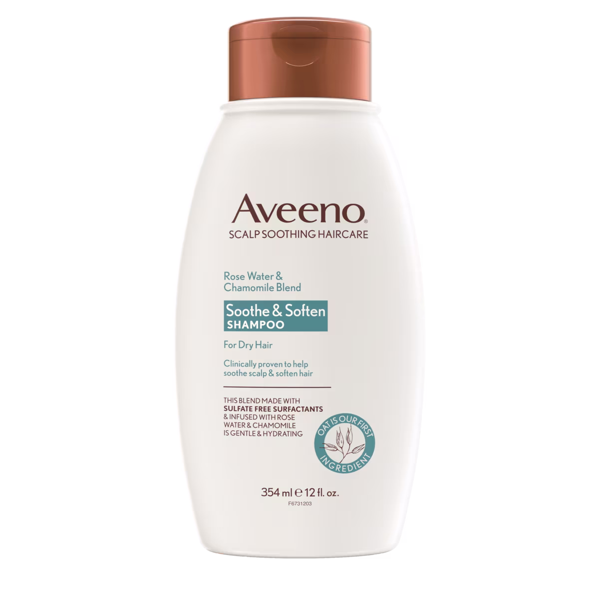 Pack shot of Aveeno® Rosewater & Chamomile Blend Soothe and Soften Shampoo for Dry Hair, 12 fl oz