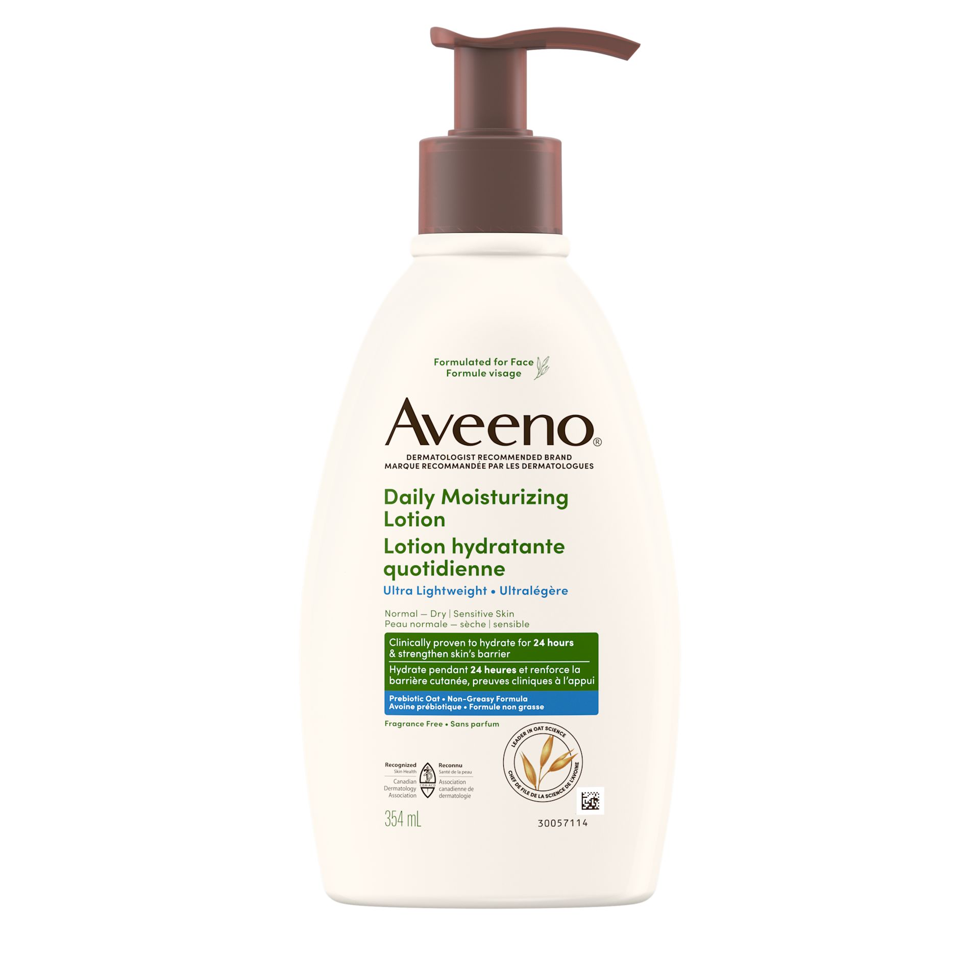Photo de face d’une bouteille-pompe de 354 mL de la lotion hydratante quotidienne pour le visage Aveeno® ultralégère