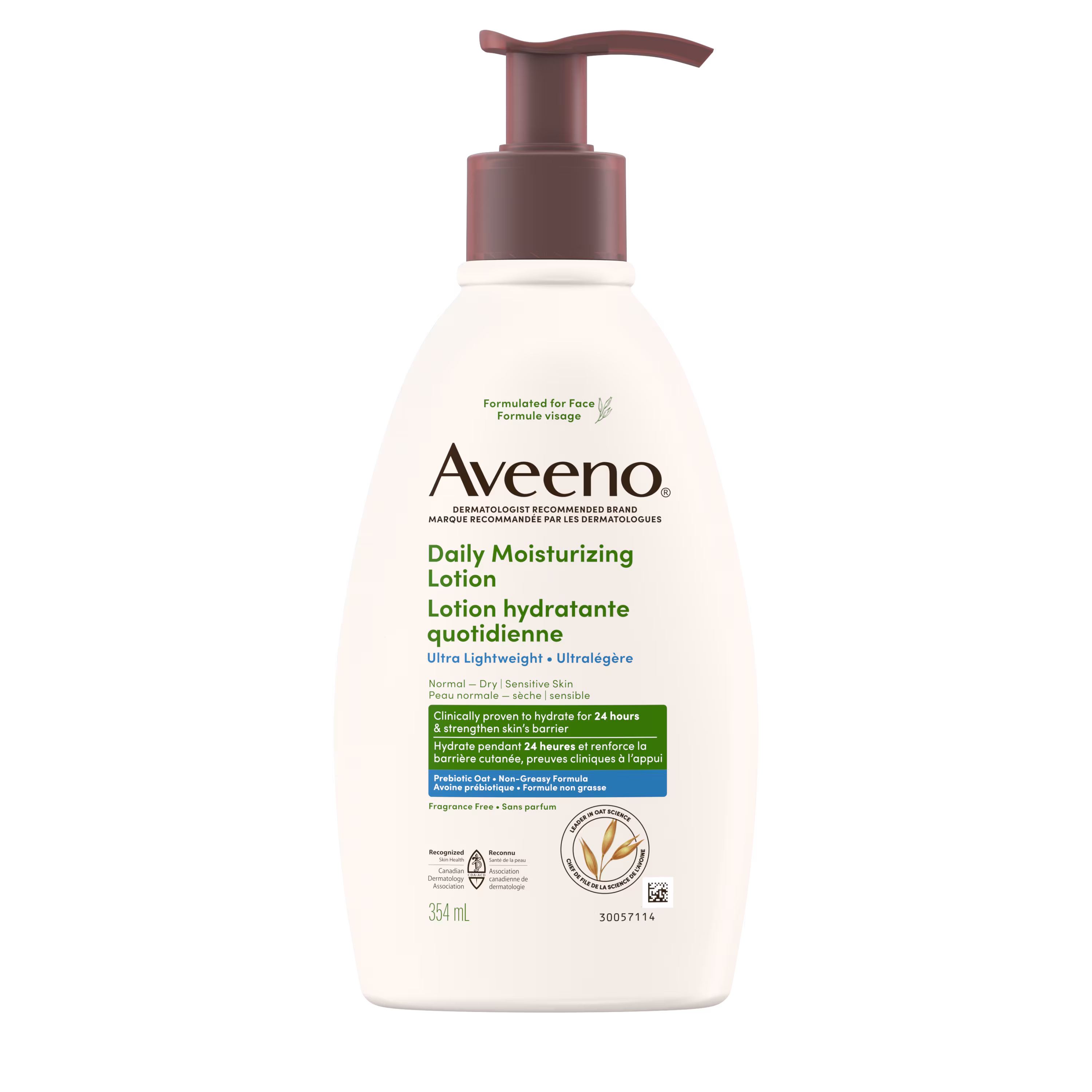 Photo de face d’une bouteille-pompe de 354 mL de la lotion hydratante quotidienne pour le visage Aveeno® ultralégère