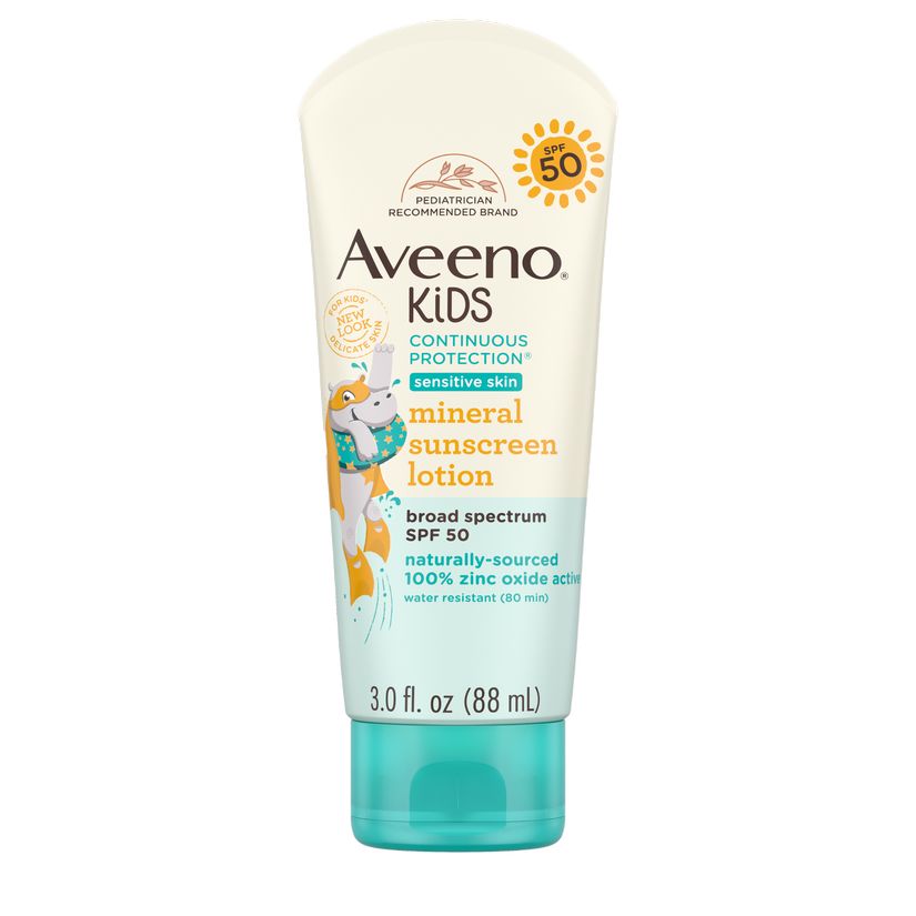 Pack shot of Aveeno® Kids Continuous Protection® Mineral Sunscreen Lotion with Broad Spectrum, SPF 50