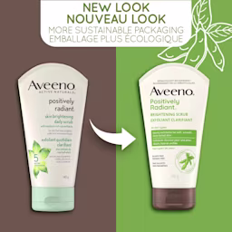 Un ancien et un nouveau tube à presser de 140 g de l’exfoliant quotidien clarifiant Aveeno Positively Radiant, avec la mention : « Nouveau look, flacon plus écologique »