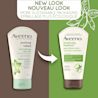An old and a new packaging of Aveeno Positively Radiant Skin Brightening Daily Scrub squeeze tube, 140g and a text stating 'New Look, More Sustainable Packaging'