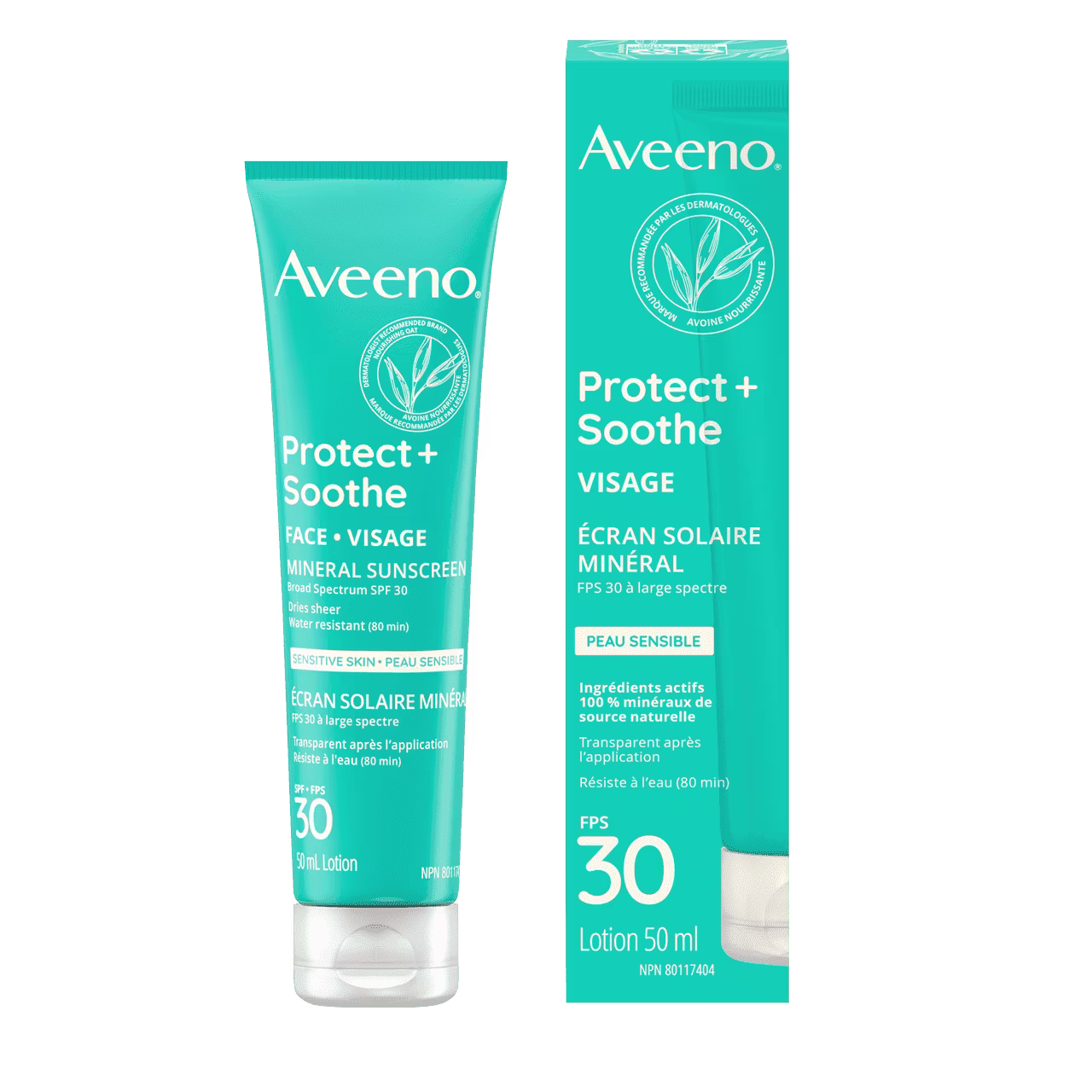 Tube à presser de 50 ml de l’écran solaire minéral AVEENO® Protect + Soothe Visage pour peau sensible, avec FPS 30