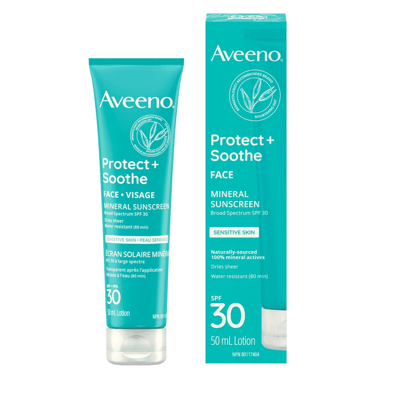Tube à presser de 50 ml de l’écran solaire minéral AVEENO® Protect + Soothe Visage pour peau sensible, avec FPS 30