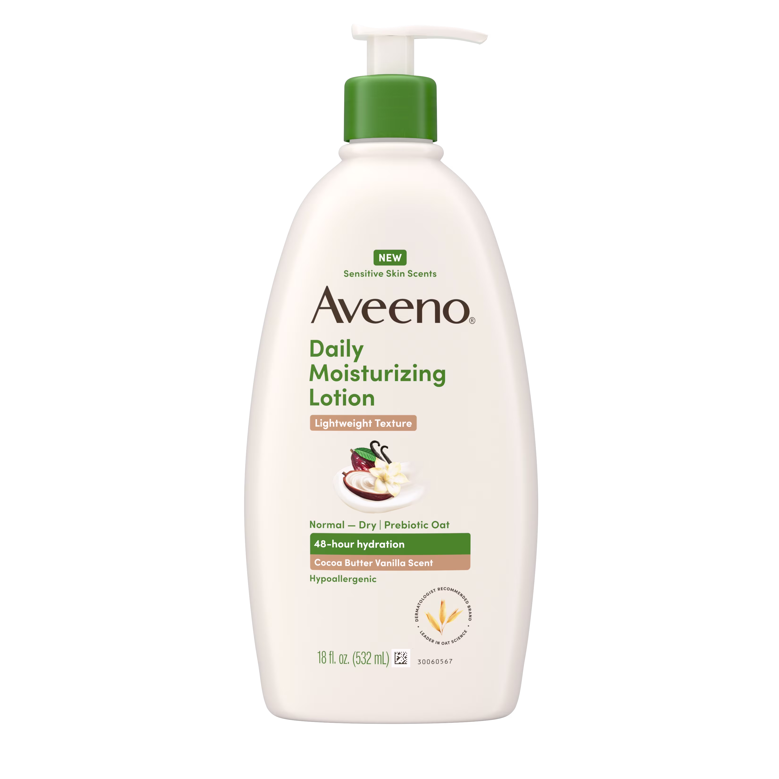 Front pack shot of Aveeno® DM Body Lotion, Cocoa Butter Vanilla Scent, Sensitive Skin Scents 18oz