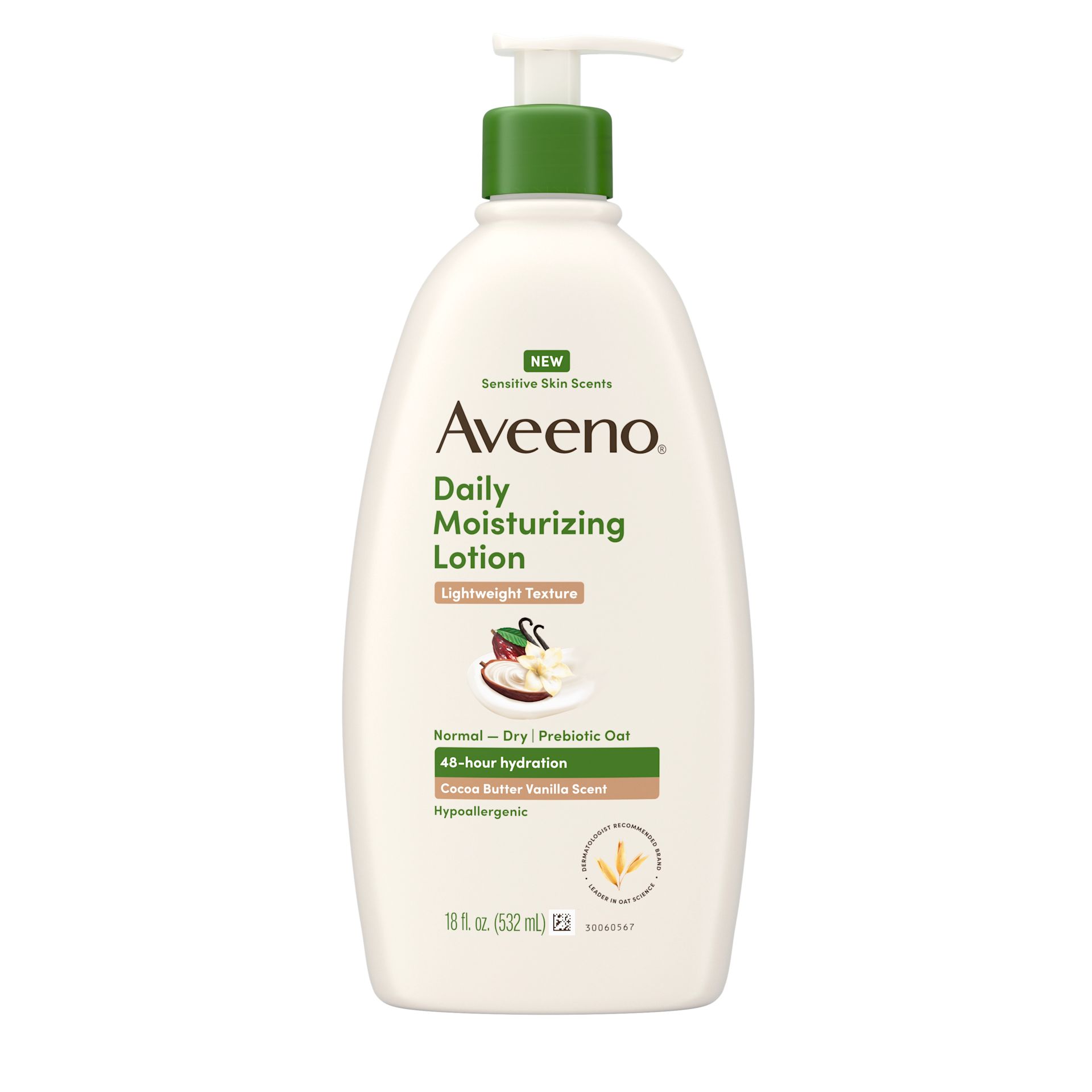 Front pack shot of Aveeno® DM Body Lotion, Cocoa Butter Vanilla Scent, Sensitive Skin Scents 18oz