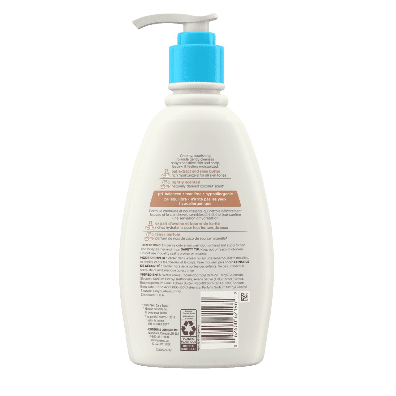The back shot of AVEENO® Baby Daily Wash & Shampoo with Coconut Scent & Shea Butter, pump bottle, 354 mL