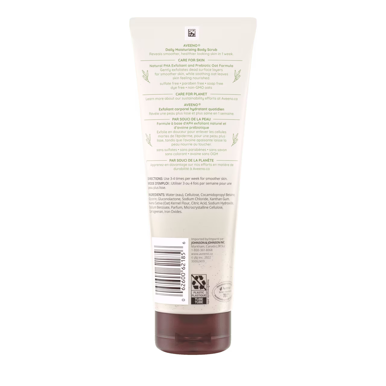 Arrière du tube de 227 g de l’exfoliant corporel hydratant Aveeno®
