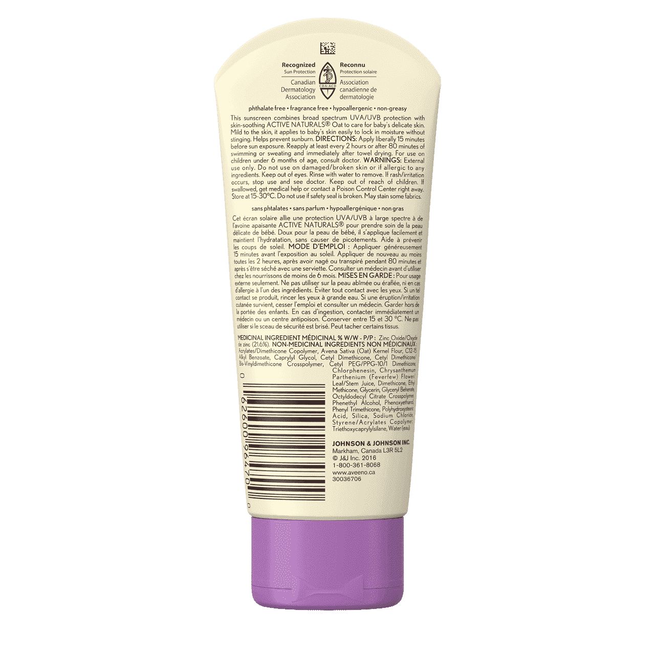 Vue arrière de l’écran solaire minéral FPS 50 pour BÉBÉS AVEENO®, peau sensible, lotion de 88 ml