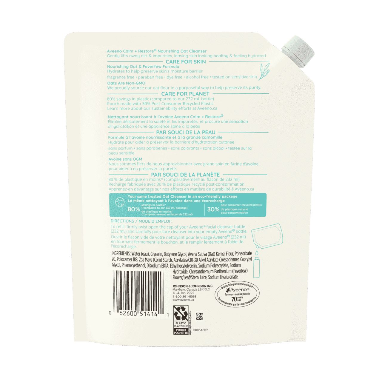 Back Shot of Pouch of Aveeno® Calm + Restore Nourishing Oat Cleanser in 473 mL