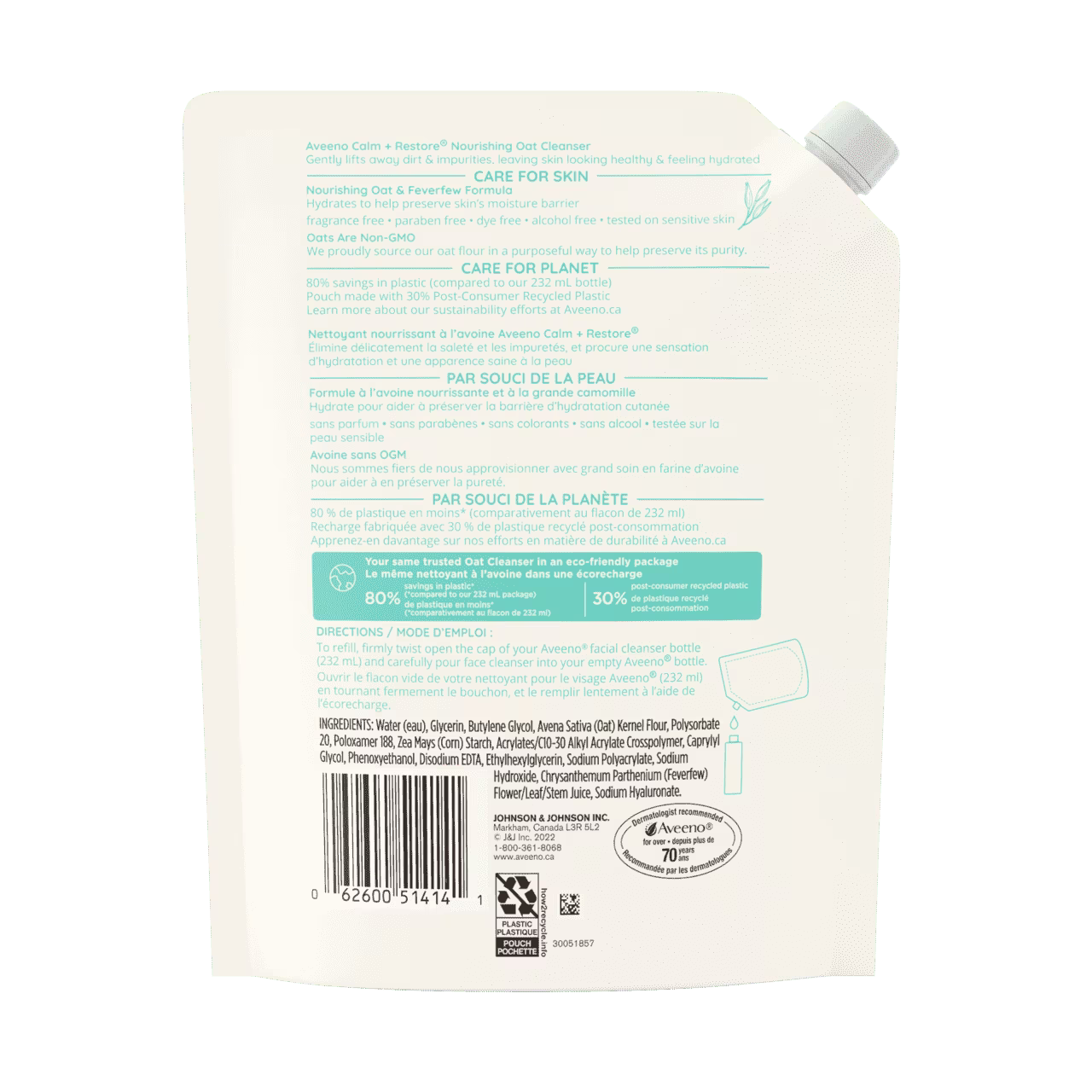 Back Shot of Pouch of Aveeno® Calm + Restore Nourishing Oat Cleanser in 473 mL