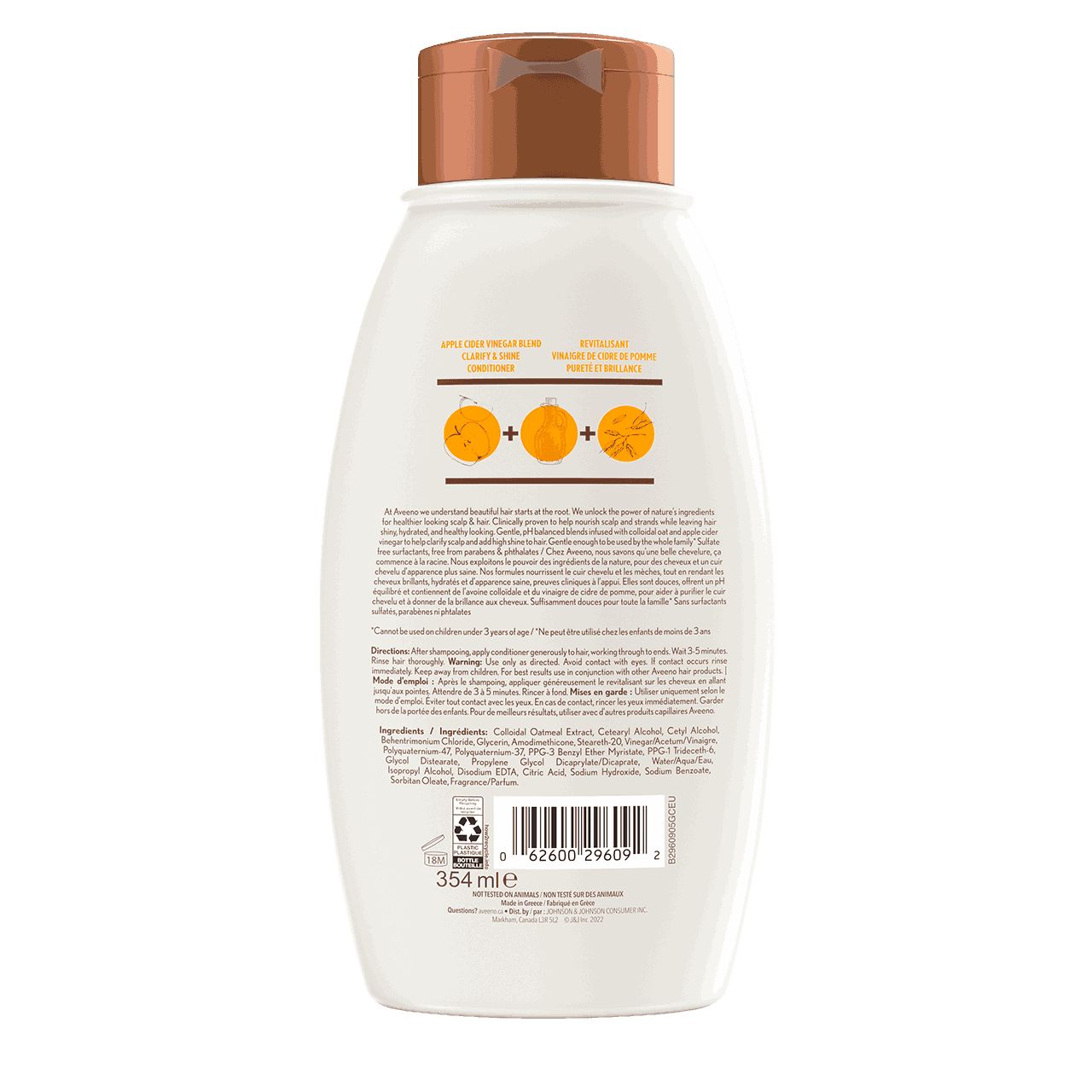 AVEENO® Apple Cider Vinegar Blend Conditioner, 354ml bottle, back label