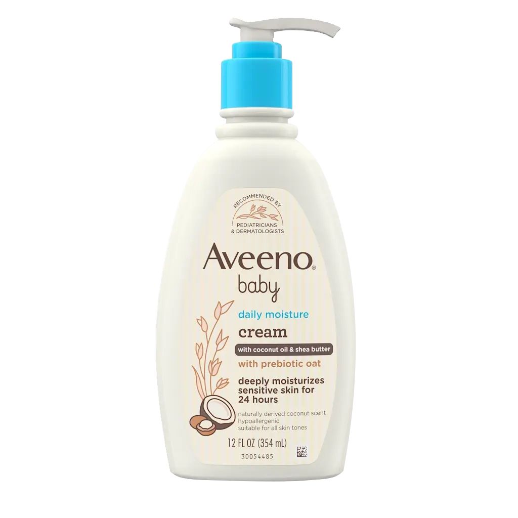 Front pack shot of Aveeno® Baby Daily Moisture Cream Prebiotic Oat, Coconut Oil & Shea Butter 12oz