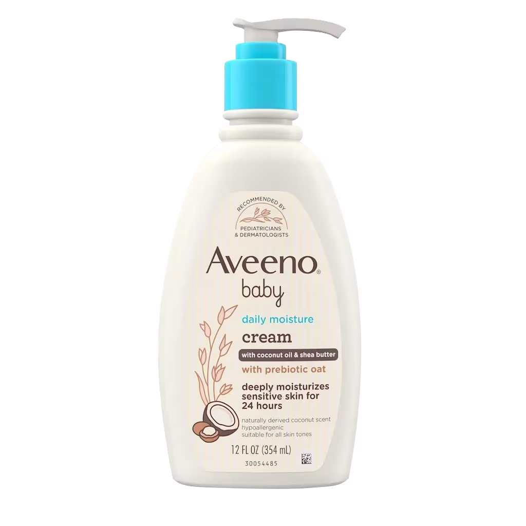 Front pack shot of Aveeno® Baby Daily Moisture Cream Prebiotic Oat, Coconut Oil & Shea Butter 12oz
