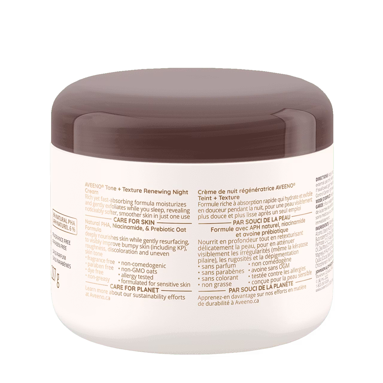 Arrière du pot de 227 g de la crème de nuit régénératrice AVEENO® Teint + Texture