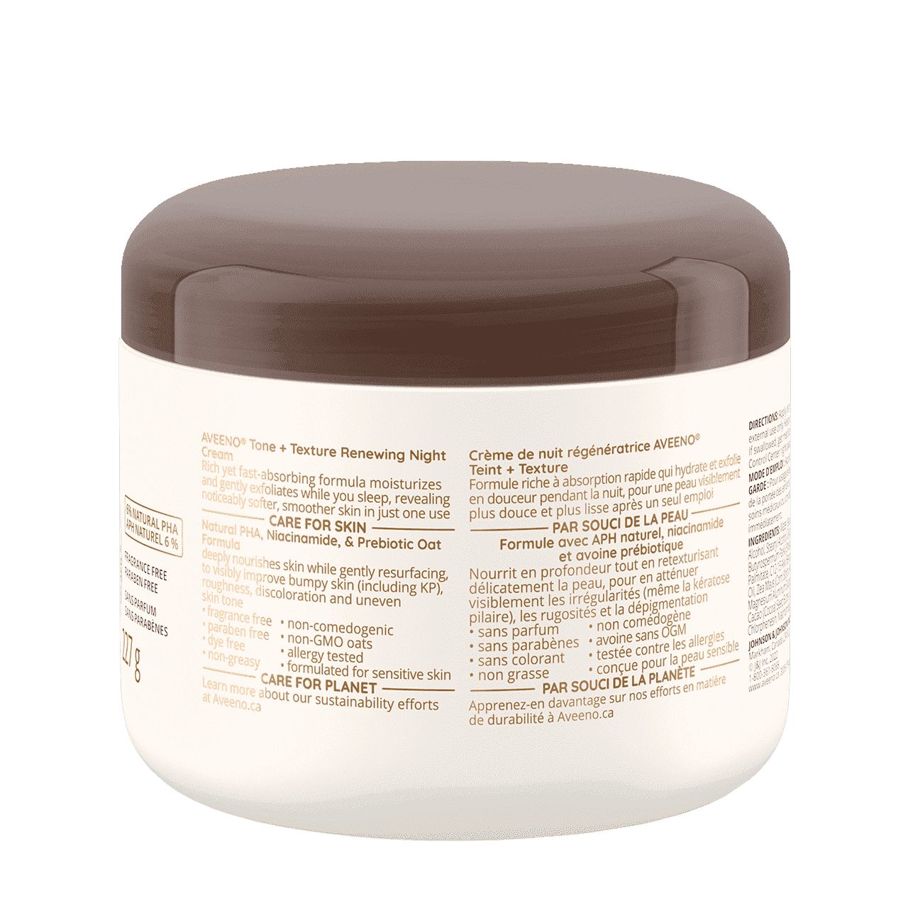 Arrière du pot de 227 g de la crème de nuit régénératrice AVEENO® Teint + Texture
