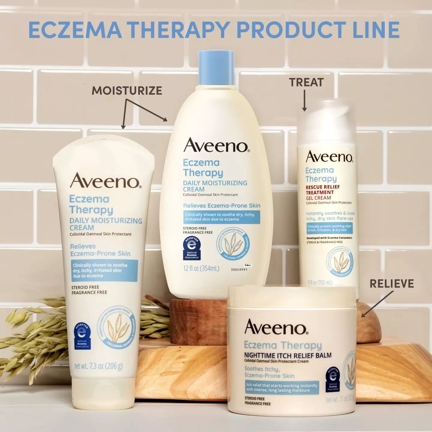 Aveeno® Eczema Therapy product line with regimen to moisturize, relieve and treat eczema-prone skin