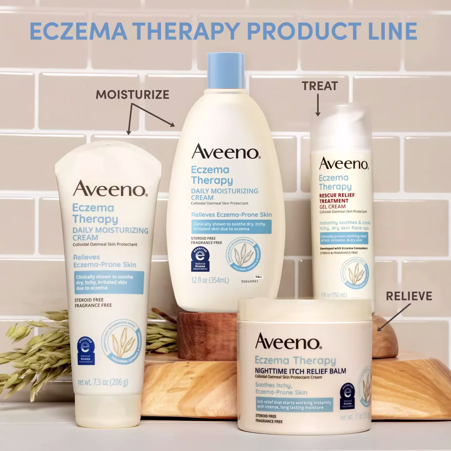 Aveeno® Eczema Therapy product line with regimen to moisturize, relieve and treat eczema-prone skin