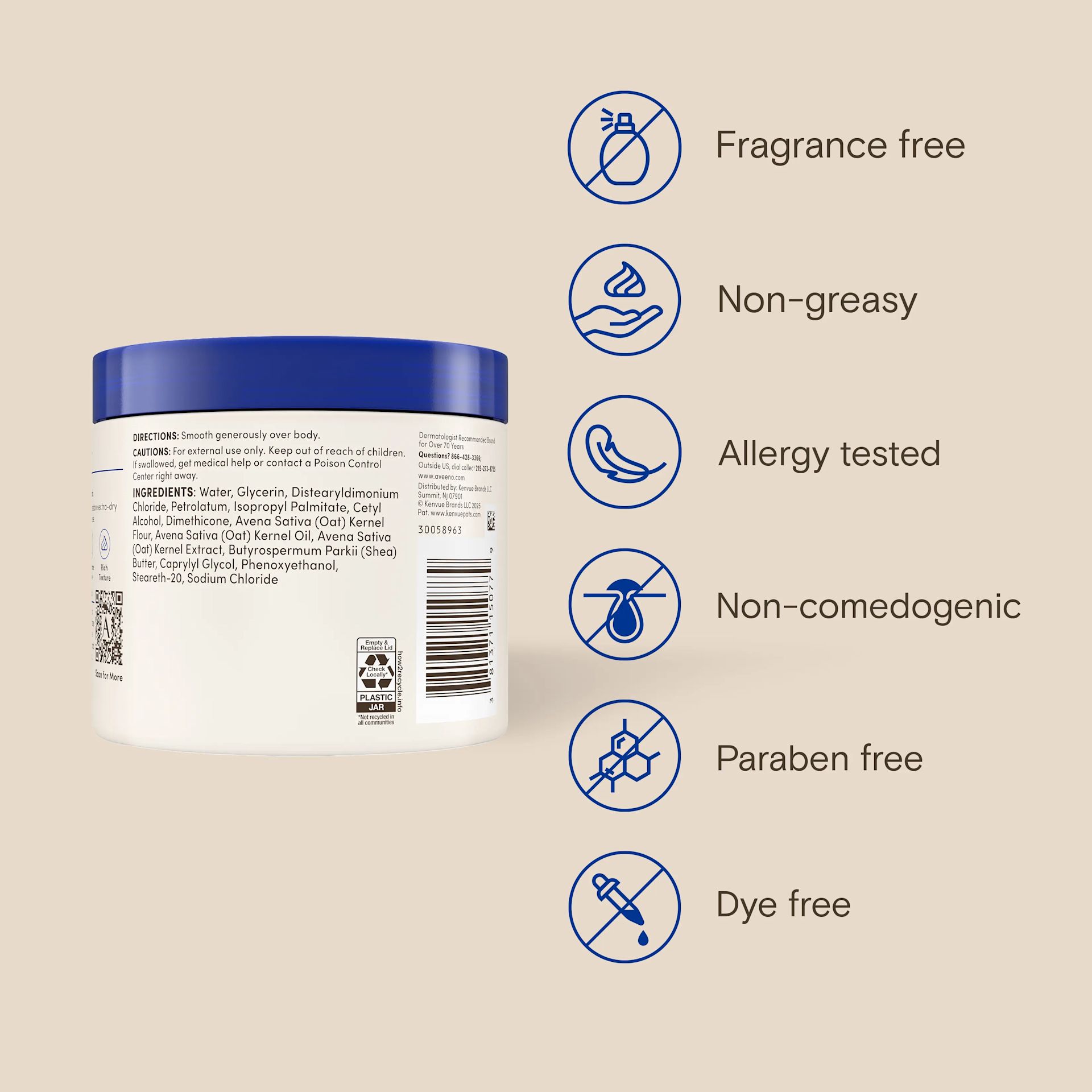 Fragrance-free, non-greasy, allergy tested, non-comedogenic, paraben free, dye free