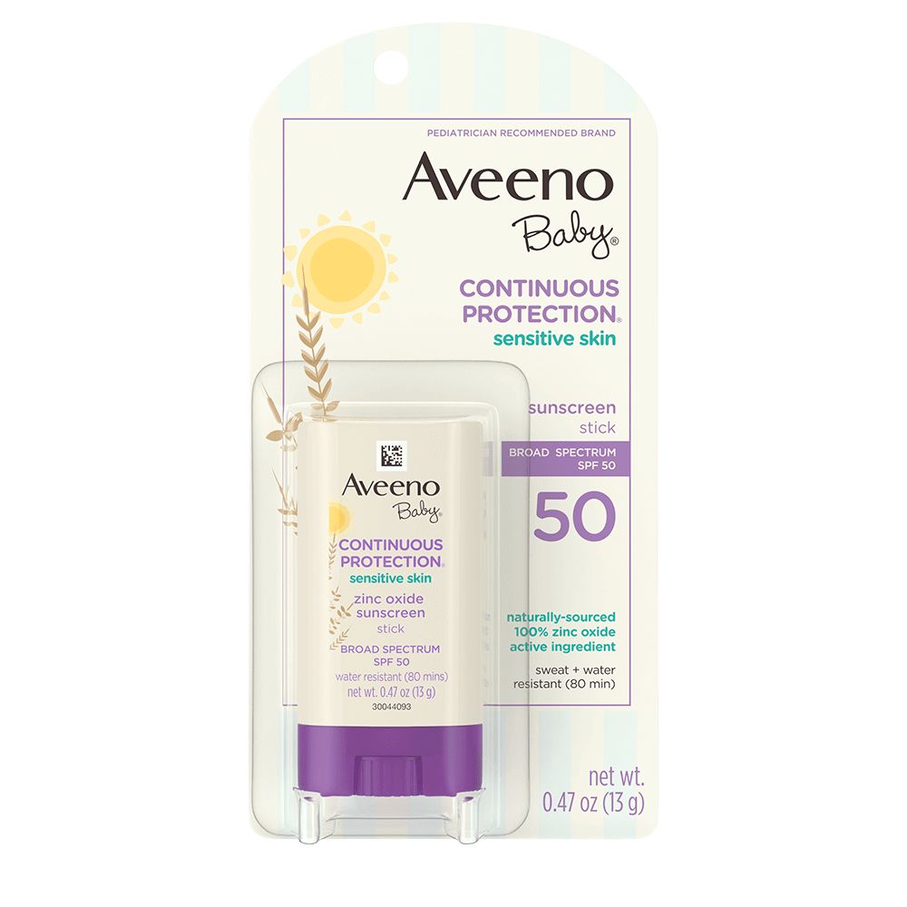 Front pack shot of Aveeno® Baby Continuous Protection® Sensitive Skin Face Stick with Broad Spectrum SPF 50