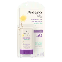 Front pack shot of Aveeno® Baby Continuous Protection® Sensitive Skin Face Stick with Broad Spectrum SPF 50