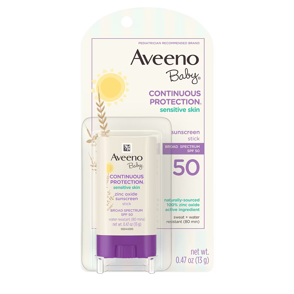 Front pack shot of Aveeno® Baby Continuous Protection® Sensitive Skin Face Stick with Broad Spectrum SPF 50