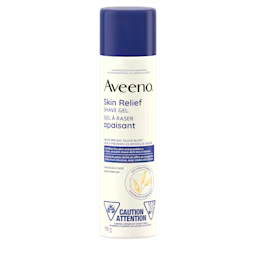 Un ancien et un nouveau flacon facile à presser de 198 g du gel à raser apaisant Aveeno avec la mention « Nouveau look »